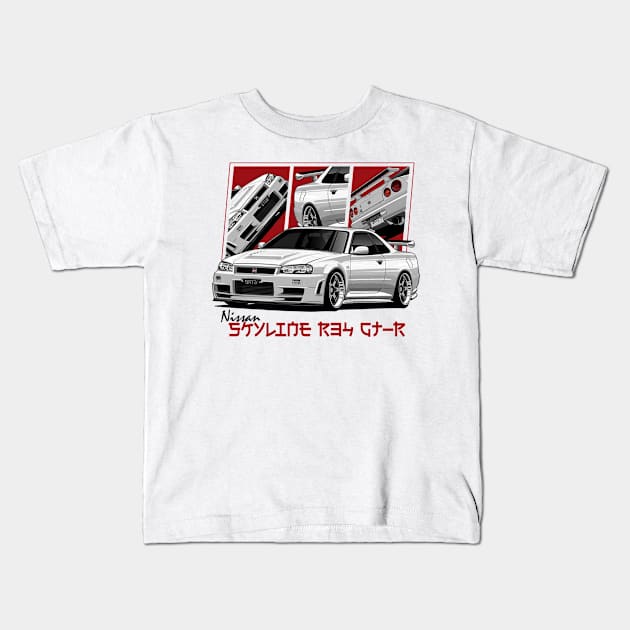 Nissan Skyline r34 GTR White, JDM Car Kids T-Shirt by T-JD